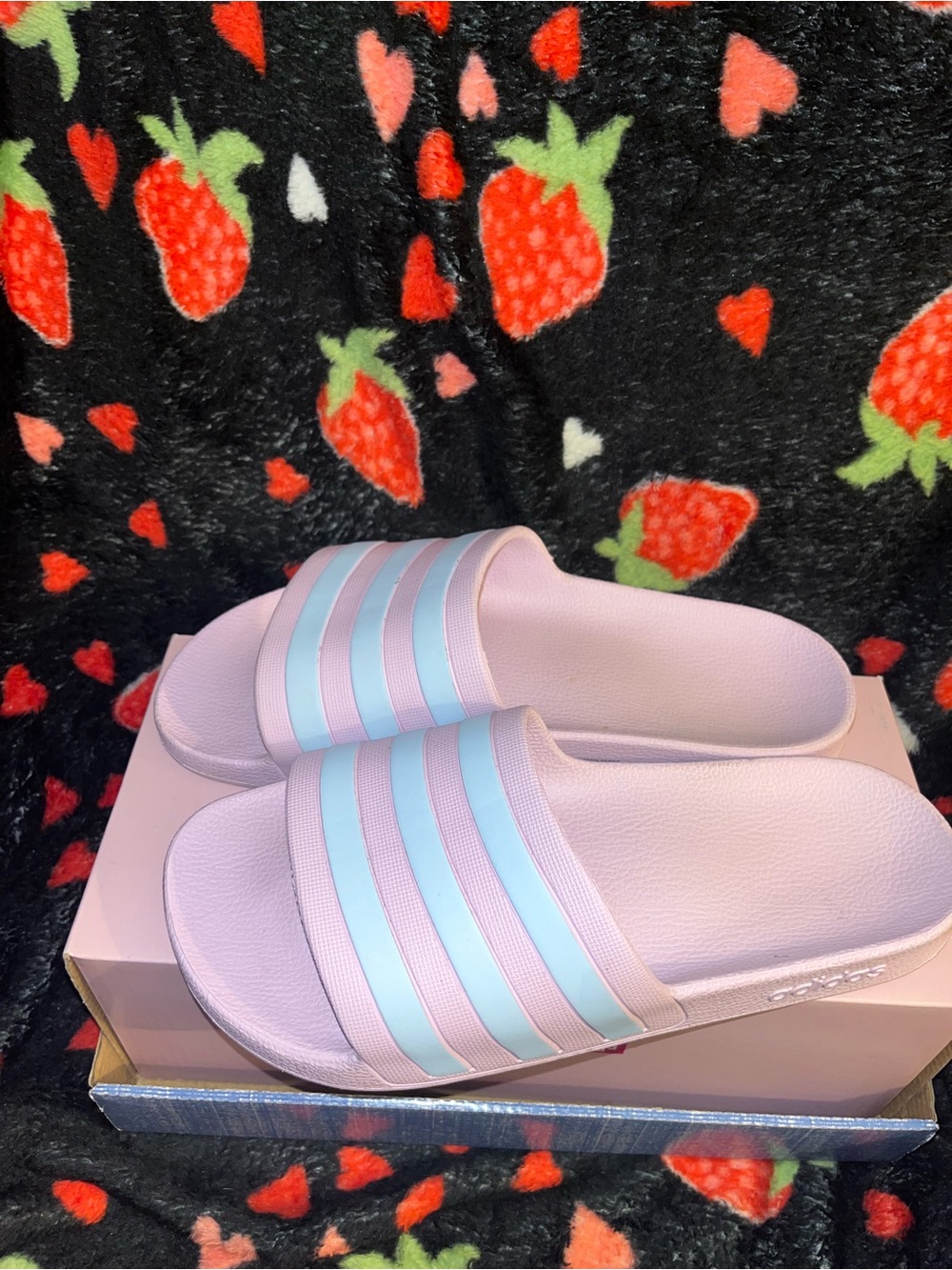 Pastel Pink Slide Sandals With Blue :Stripes Adidas Ladies Slides and or Sandals